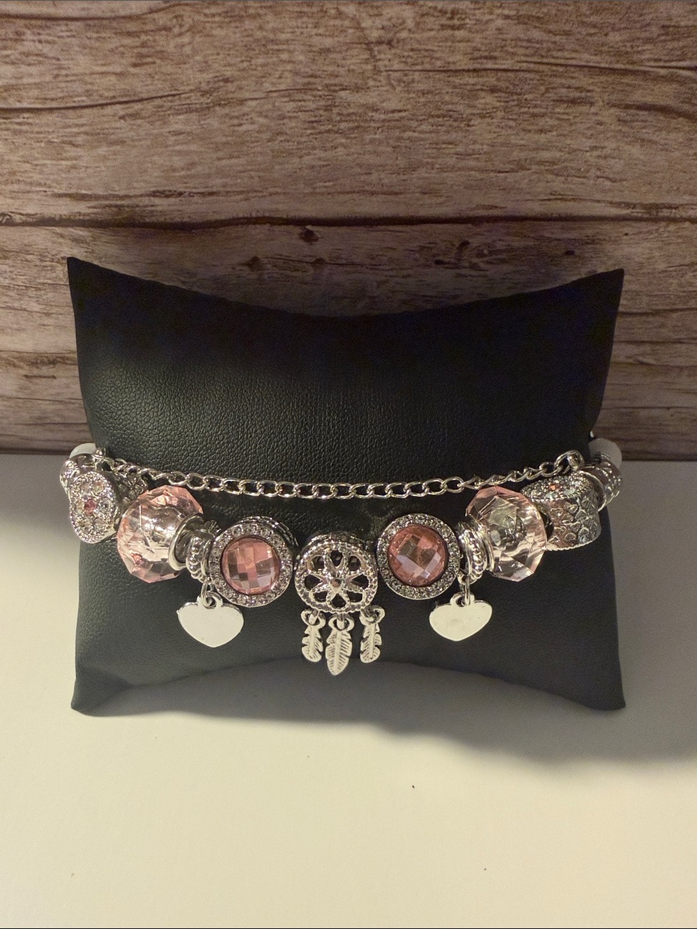Silver Dreamcatcher Charm Bracelet Charm Bracelet with Pink Heart Charms